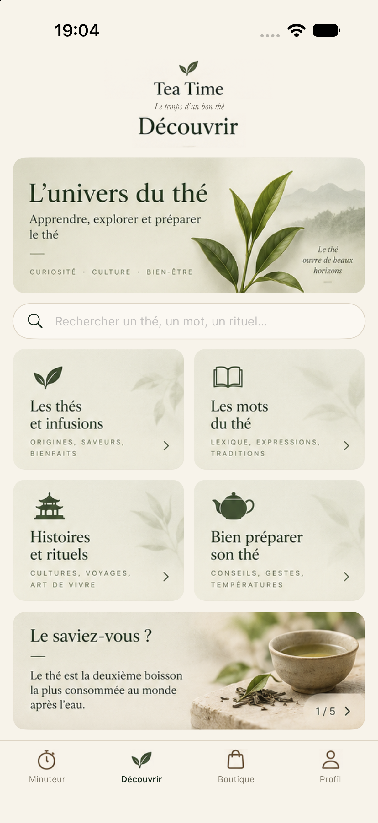 Écran Découvrir de l’application Tea Time